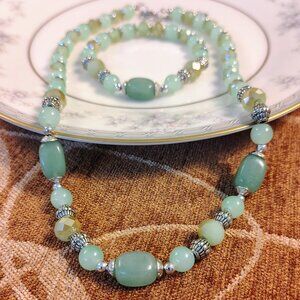Genuine Jade Crystal & Glass Necklace and Bracelet Silver Tone Set